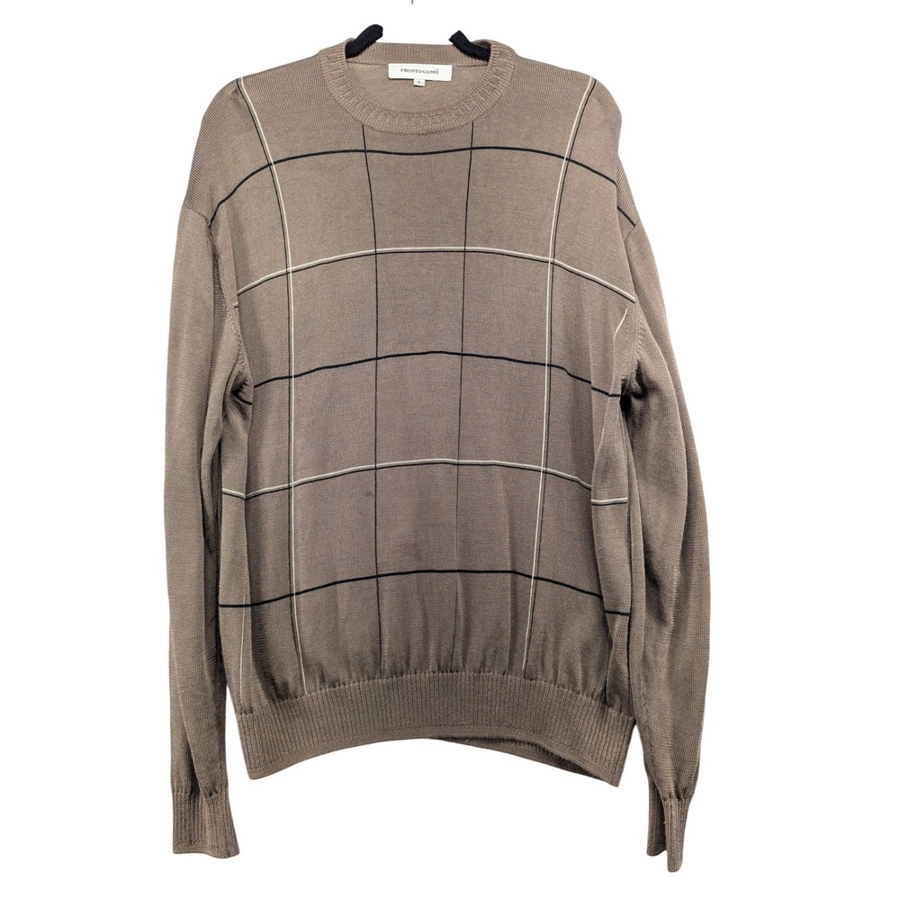 Pronto Uomo Mens Large Taupe Brown Windowpane Plaid Rayon Cotton Crew Sweater